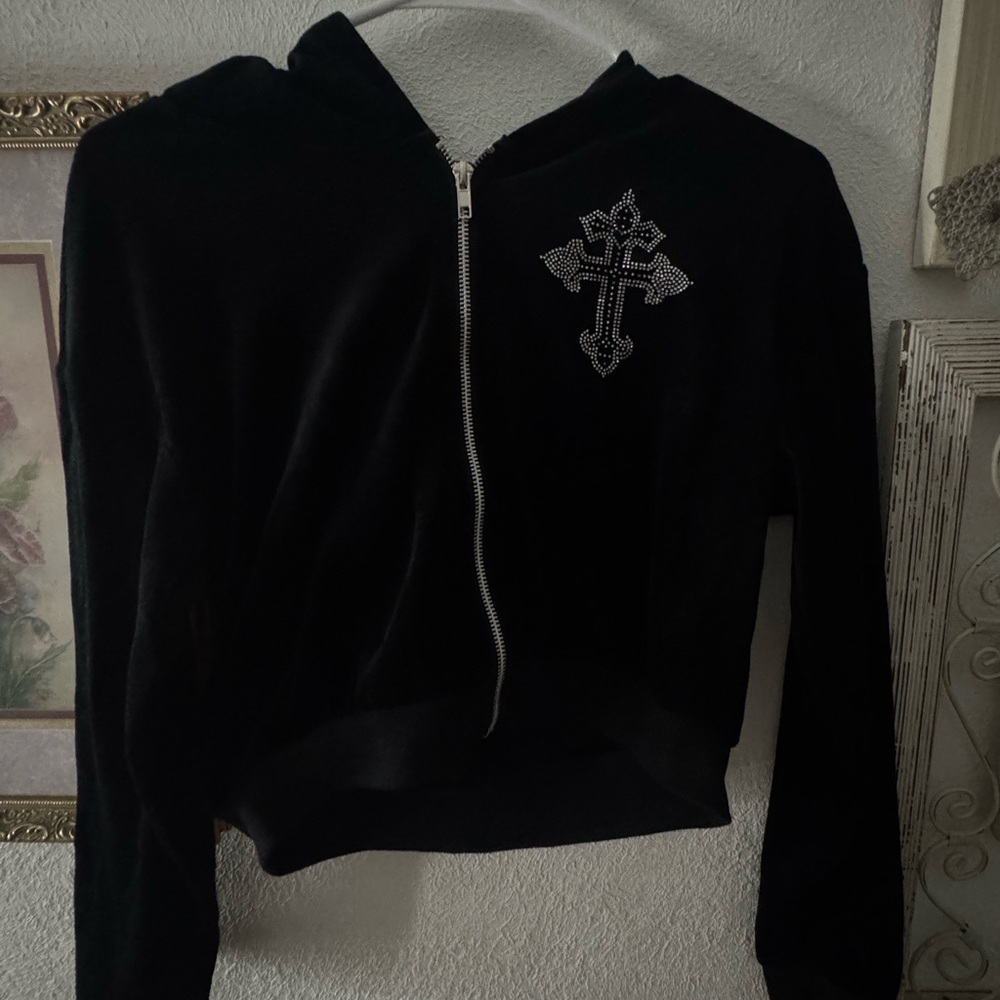 Black Zip-Up Hoodie with Rhinestone Cross